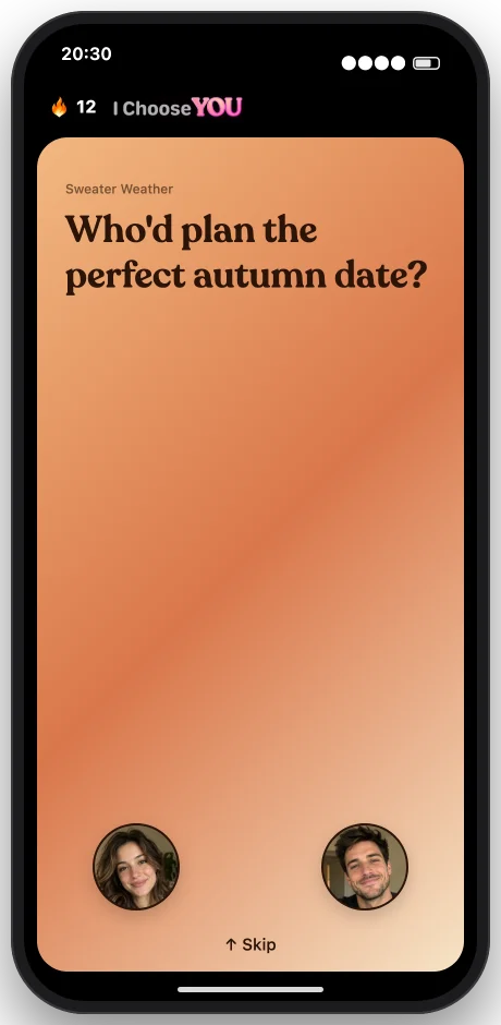 I Choose You app showing a question card for couples