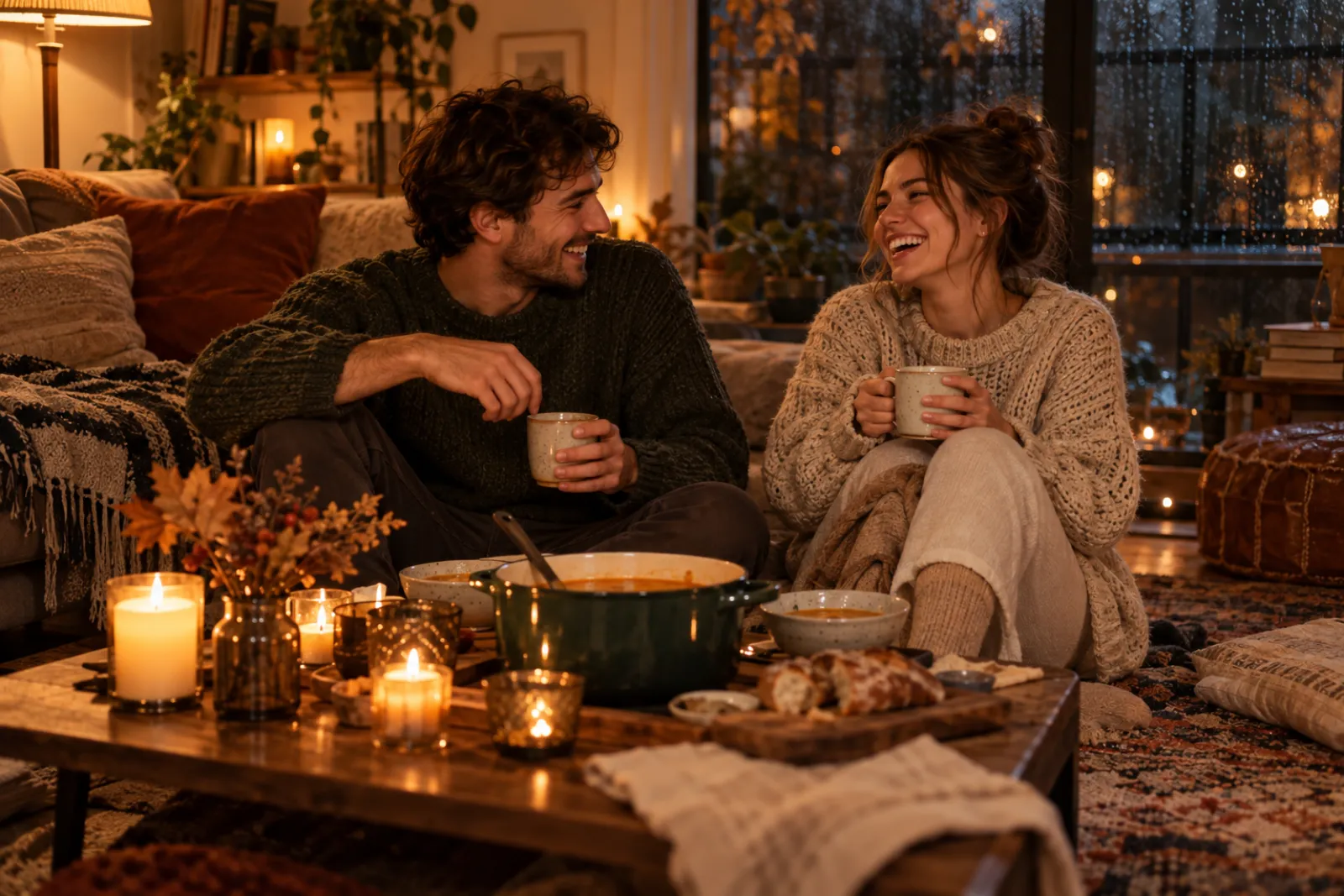 Couple in sweaters sitting on the living-room floor with mugs and candles on a rainy autumn evening