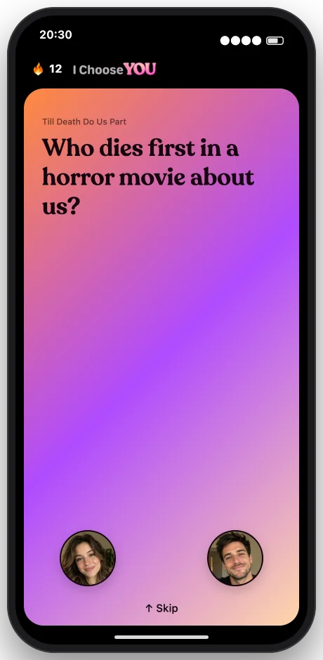 I Choose You app showing a question card for couples