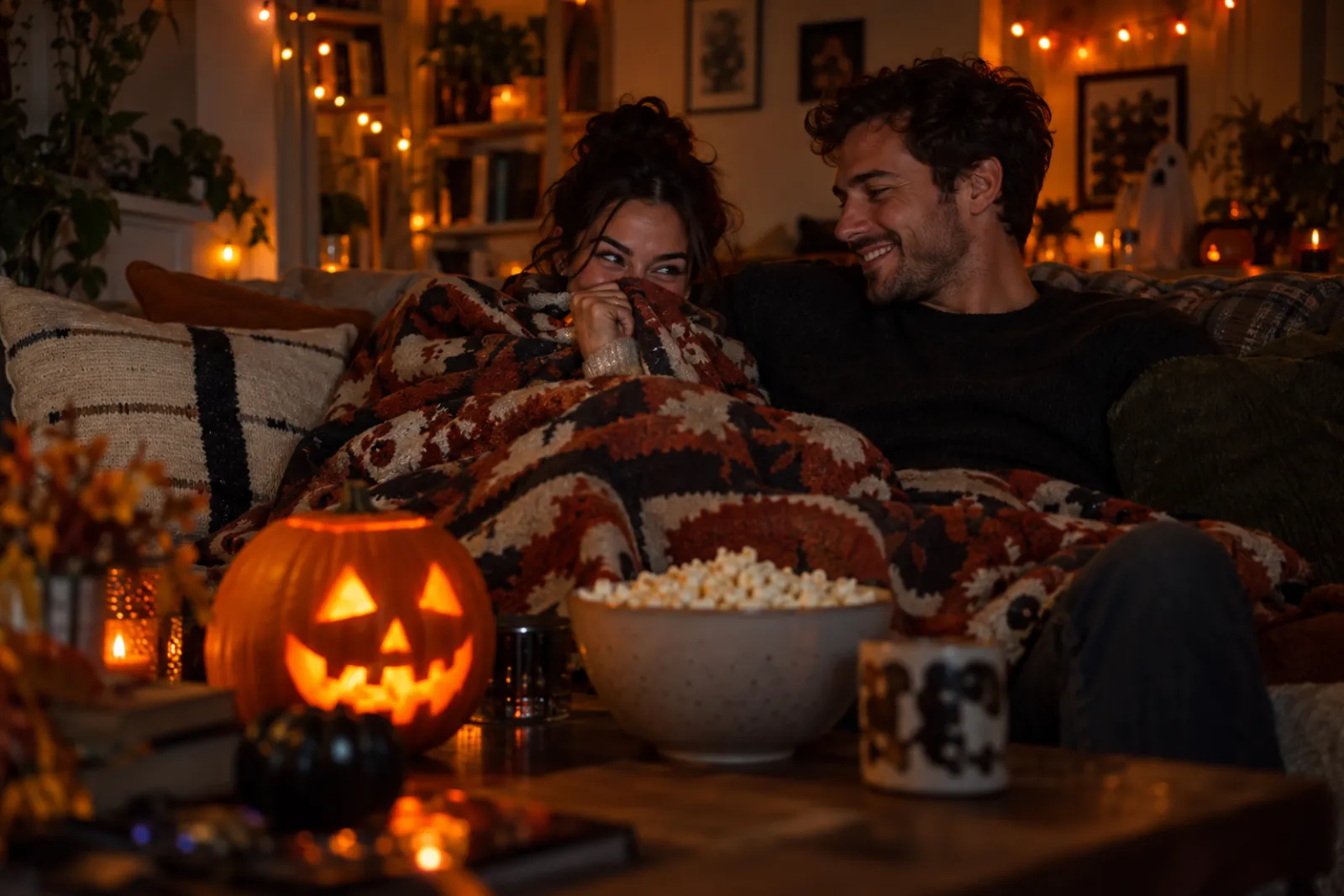 Couple wrapped in a blanket on the couch, laughing during a scary movie on Halloween night