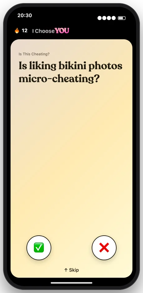 I Choose You app showing a question card for couples