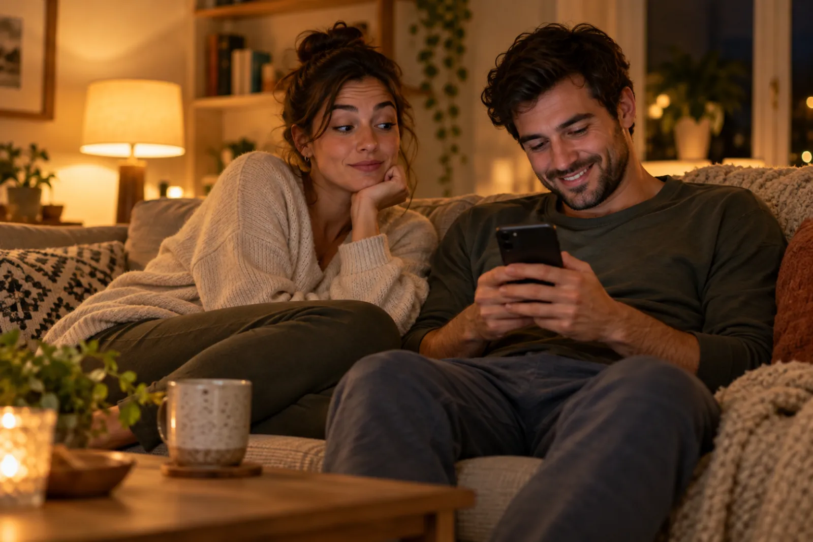 Couple on a sofa in the evening, one partner glancing at the other's phone screen with a raised eyebrow